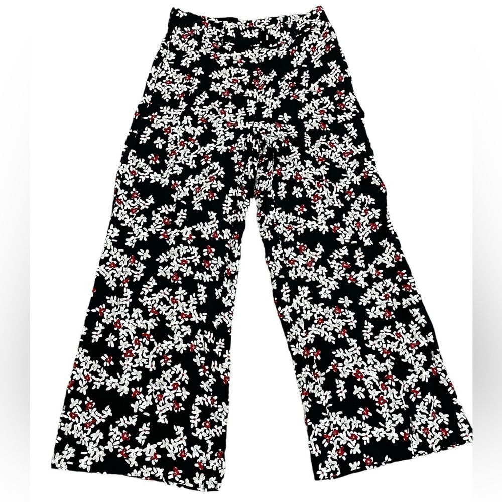 Lafayette 148 Wide‎ Leg Pants Viscose Floral Black Red White Size 10 Trousers